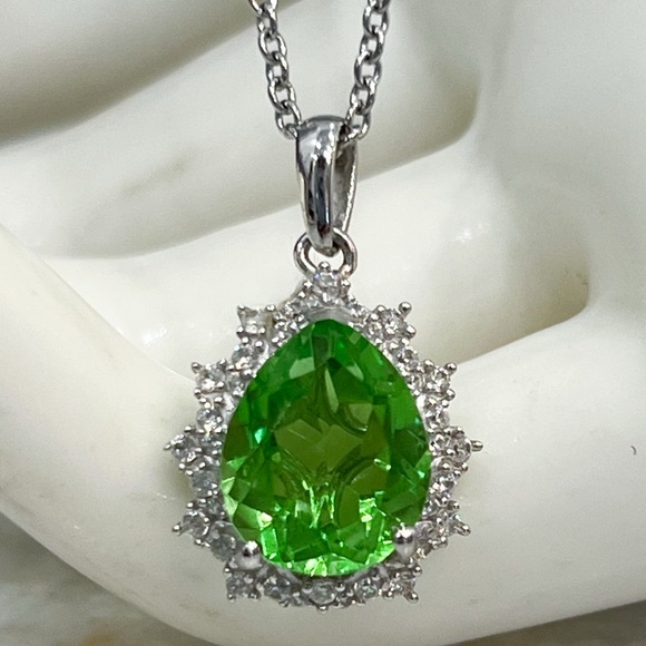 Jewelry - Chartreuse Quartz White Zircon Sterling Silver Teardrop Halo Pendant 20”Necklace